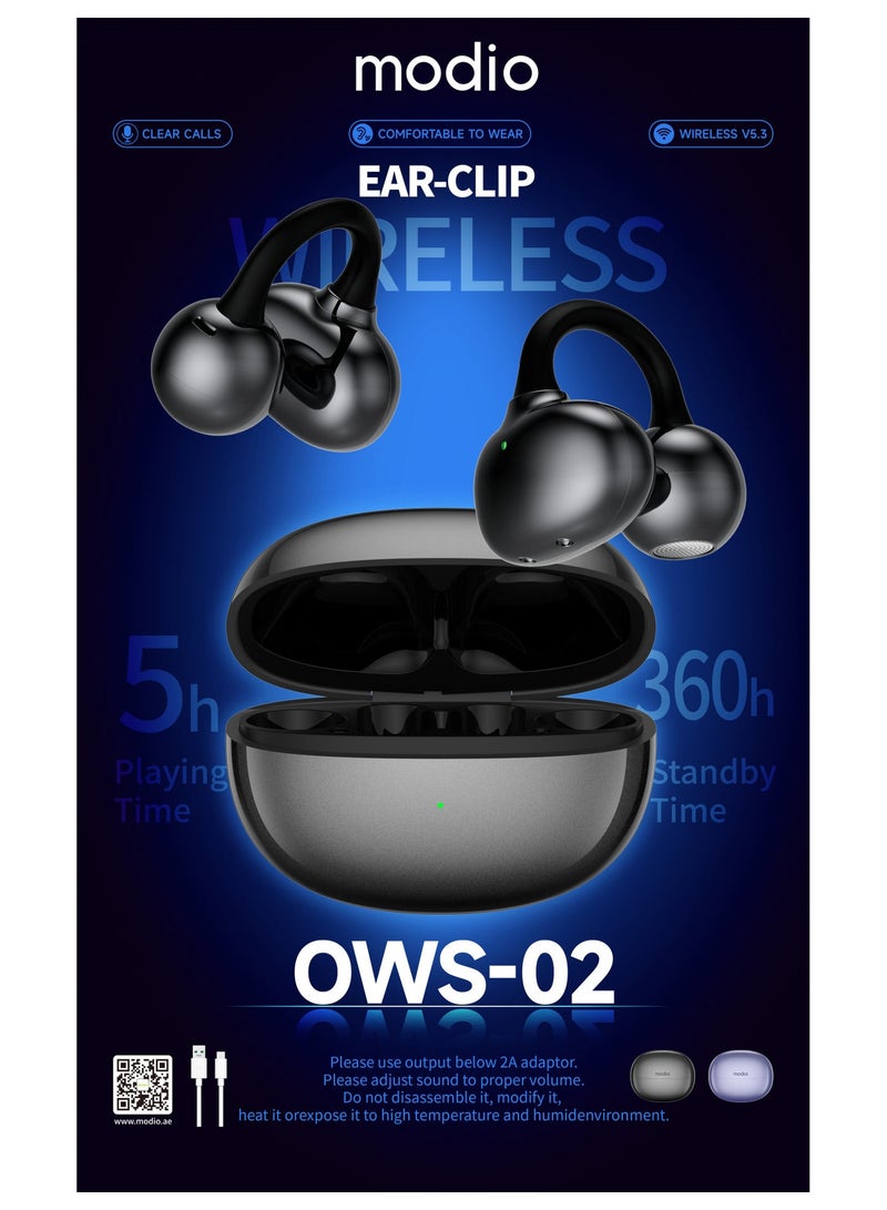 Modio OWS-02 Wireless Ear-Clip Earbuds with Charging Case – Long Battery Life, Multi-Functional Touch Controls, Crystal Clear Microphone, Comfortable Black Design - Image 2